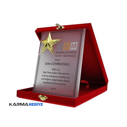 3D Yıldızlı Kadife Kutulu Bankacı Teşekkür Plaketi Kristal Plaket
